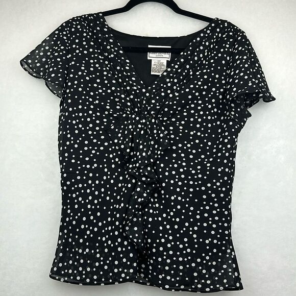 VINTAGE 90’s KARIN STEVENS BLACK & WHITE POLKA DOT BLOUSE CAP SLEEVES Sz 10P - Picture 1 of 7